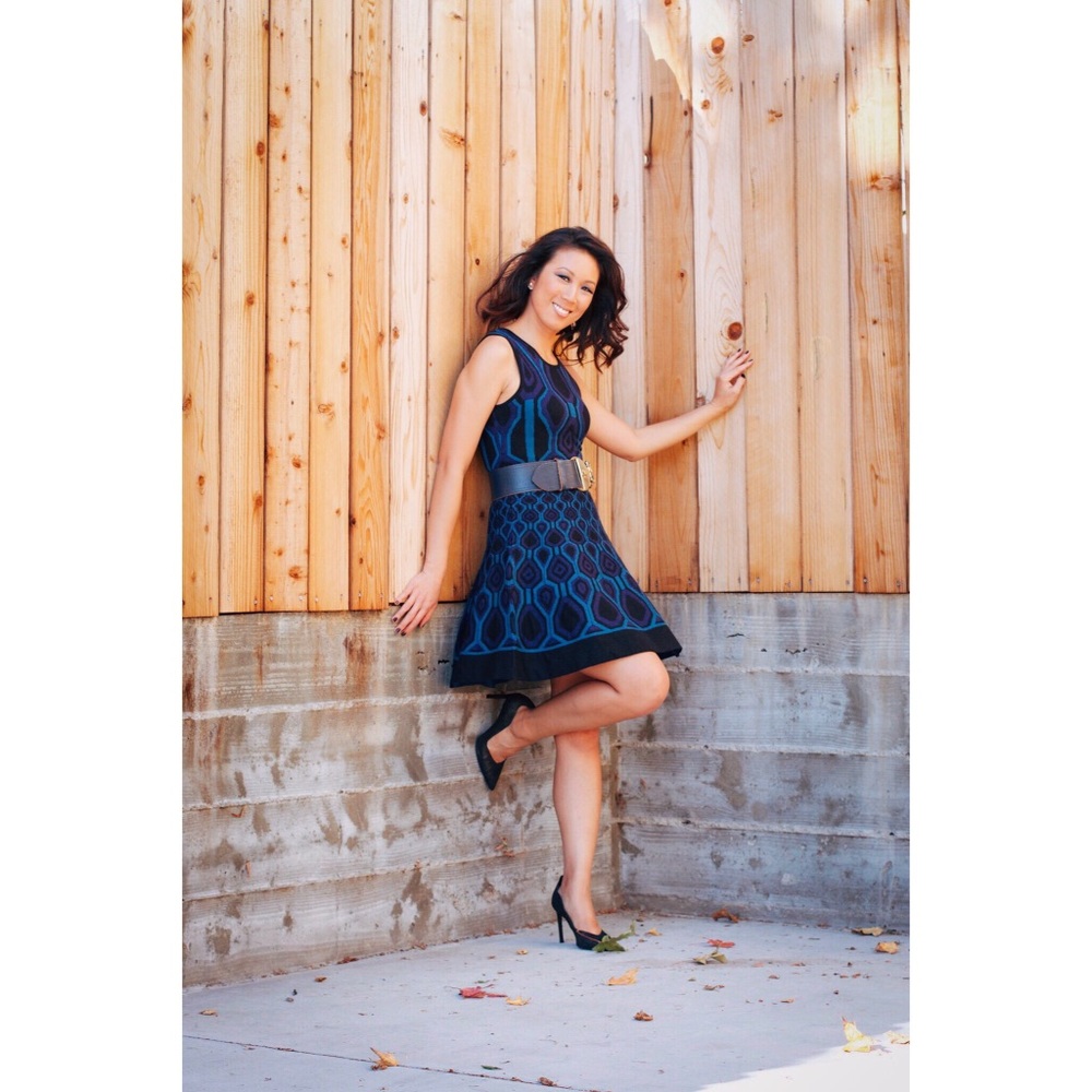 👗LEOTA 👗Peacock Geo Linked Knit Fit&Flare Dress